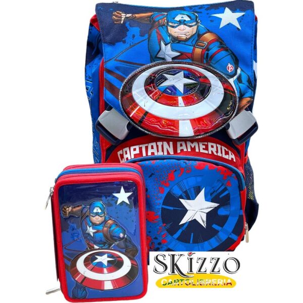 zaino ed astuccio 3 zip seven capitan america 2024/2025 novità schoolpack
